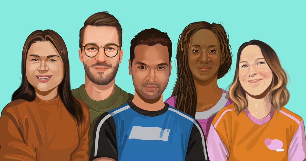 Illustrated portrait of five business founders