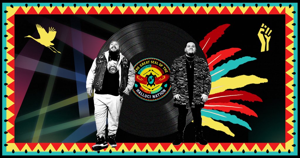 Photo collage of Canadian EDM group a Tribe Called Red. Tim "2oolman" Hill is on the left and Ehren "Bear Witness" Thomas is on the right. Both men are pictured in black and white with an image of their album behind them. To the right of the album are red, yellow and blue feathers as a nod to their Indigenous culture. 