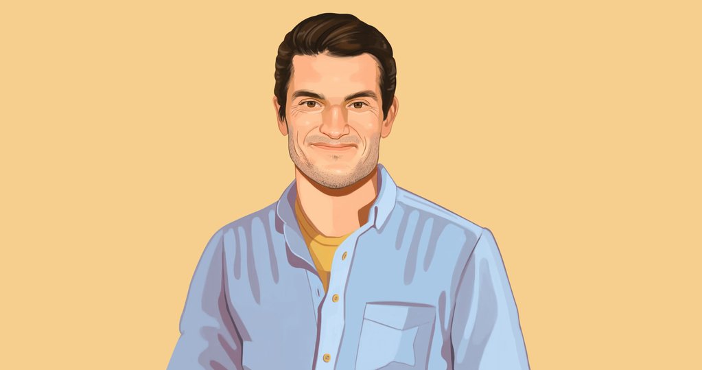 Portrait illustration of Adam Gentry, founder of Photific, wearing a pale blue button down and standing against a peach background.
