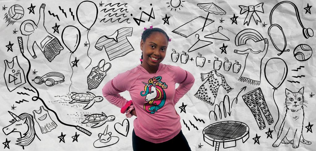 Portrait of Brianna J, founder of Brianna's closet. Surrounding Brianna's portrait are illustrations of her business, her activities, her interest and her future goals.