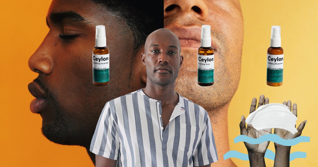 Photo collage of Celyon founder Patrick Boateng II. Behind Patrick are two different profiles of men of colour and hovering above their faces are three of Ceylon's products. In the bottom right hand corner are two hands with a smear of white paint above them to illustrate the texture of the product.  