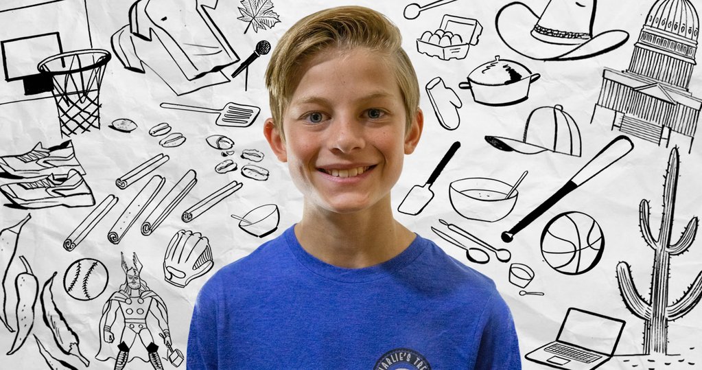 Photo collage of 12 year old Founder Charlie Kobdish. He's wearing a bright blue tshirt. He is standing against a background full of illustrations that reflect his business, his hobbies, his inspiration, his future goals and where he's from (Texas). 