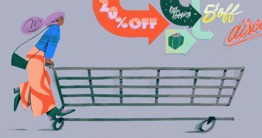 illustration of woman pushing shopping cart towards discounts and offers