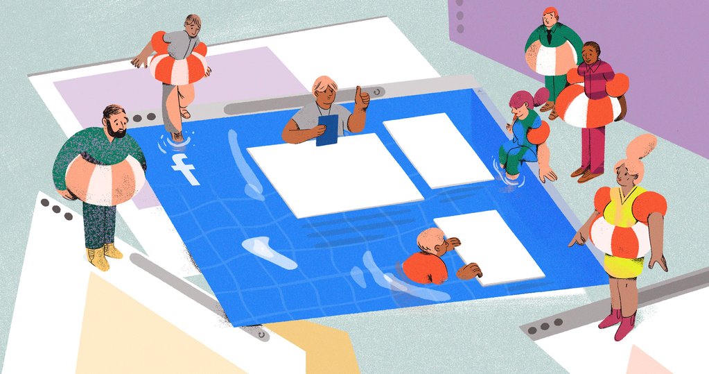 Illustration of a pool in the shape of a Facebook homescreen. We see a swimming instructor in the pool and beginner-swimmers around the pool with life preservers on, as a metaphor for those being given a step by step guide to facebook ads. 