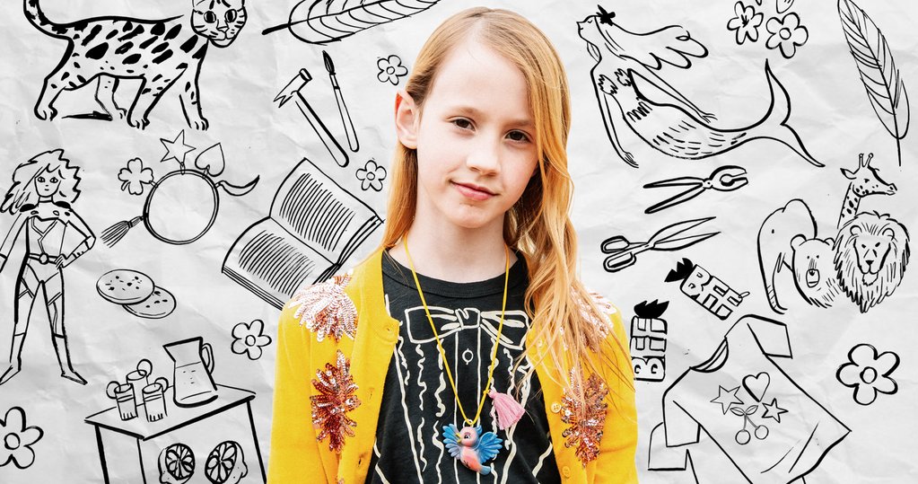 Portrait of 9 year old founder Riley Kinnane-Petersen of the jewellery and apparel line Gunner and Lux. Surrounding Riley are illustrations that reflect her business, her hobbies, and her inspiration. 