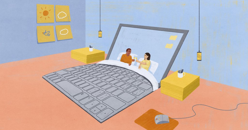 Illustration of a couple in a bed, that is actually a laptop, the screen is the headboard and the key pad is the bed and blanket. They are toasting a glass of champagne. The side tables are post-it note pads, the lights are hanging iphones and there are post-it note artworks on the walls. This is a metaphor for couples who are life and business partners. 