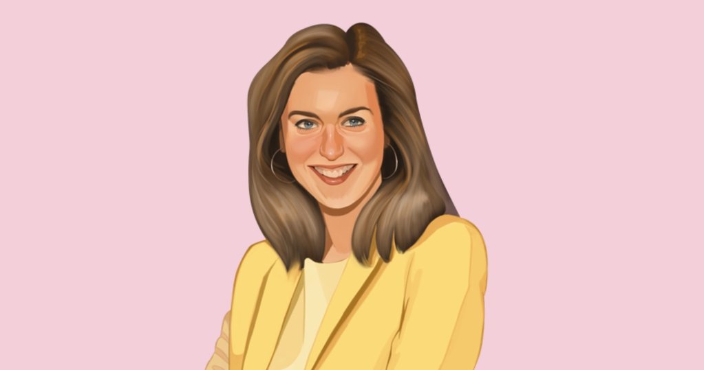 Portrait illustration of Heather Acerra, the founder of toy company Lux Blox, wearing a yellow blazer against a pink background.