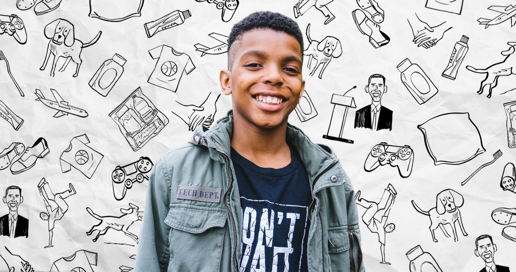 Portrait of 12 year old Founder Jahkil Jackson. Surrounding Jahkil are drawings of things that inspire him, activities, and items that he distributes to help the homeless. 
