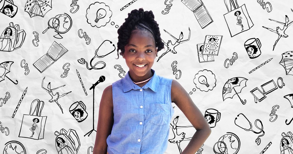 Portrait of Brown Girls Stationary founder Kamaria Warren standing with one hand on her hip in a pale blue shirt and peach shorts. Behind her are a series of spot illustrations that reflect her business and the products she sells, her hobbies and inspiration. 