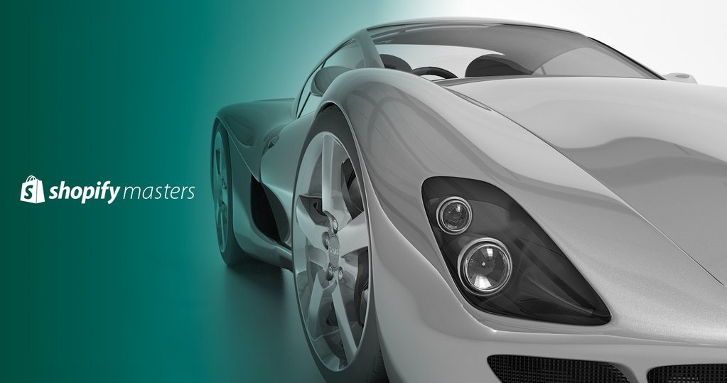 A sports car against a green background with the words "Shopify Masters" displayed to its left. 