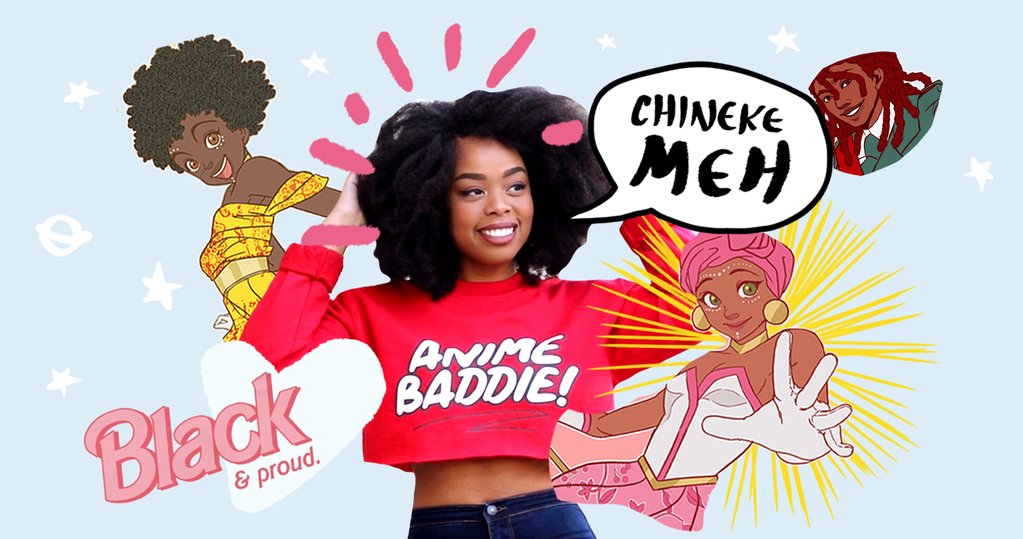Photo collage of Jacque Aye, founder of Adorned By Chi. Surrounding her are three of her anime characters and one of her custom t shirt slogans. Top left character is Gogo, bottom left there's a slogan that reads Black and Proud, top right is Emeka and bottom right is Adaeze. Jacuqe is pictured in the centre wearing a red shirt and black high waisted blue jeans. Her shirt says Anime Baddie across the front.