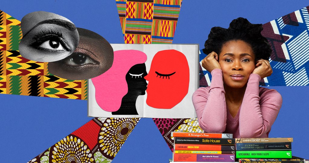 Photo collage of Bibi Bakare-Yusuf, the publishing director of Cassava Republic Press and Ankara Press. Behind Bibi are swatches of various African fabrics. In the middle of the frame is an open book, the pages have two illustrated faces on them, one black one red and they are kissing, to reflect the idea of romance novels. 