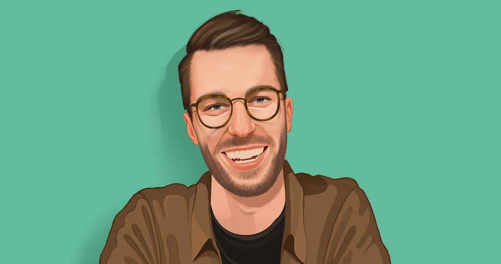 Portrait illustration of Benjamin Sehl, the co-founder of Kotn, wearing a brown sweater with a black t-shirt underneath and black framed glasses, against a teal background.  