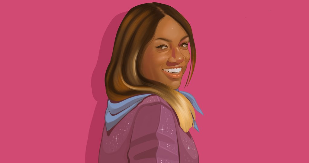 Portrait illustration of Gingie McLeod, founder of Saint Chic, in a mauve shirt against a magenta background. 