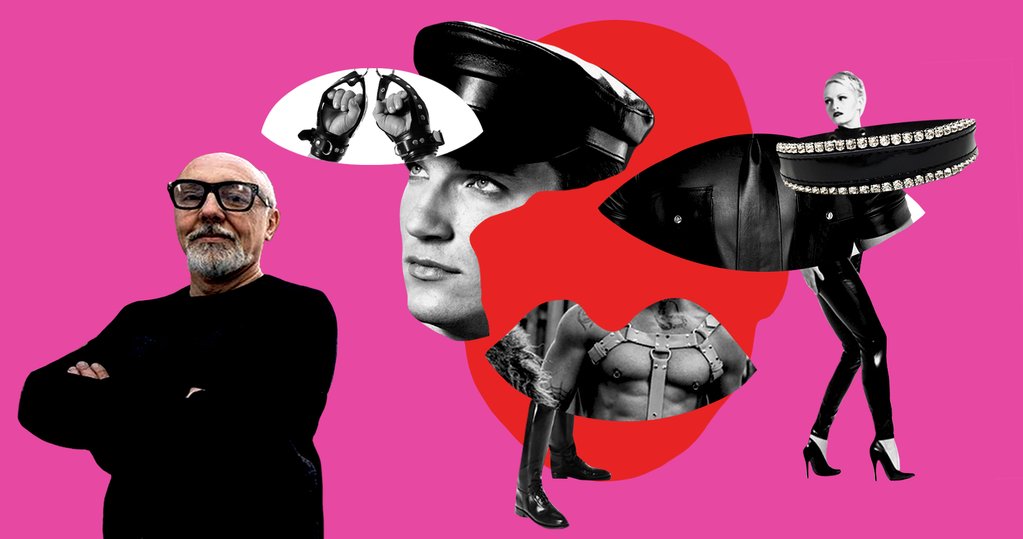 Photo collage of George Giaouris, founder of Northbound Leather, against a bright pink background. Surrounding him are cut outs of two eyes and a mouth placed around a silhouette of a face. Inside each shape is a black and white image of Northbound's leather goods.