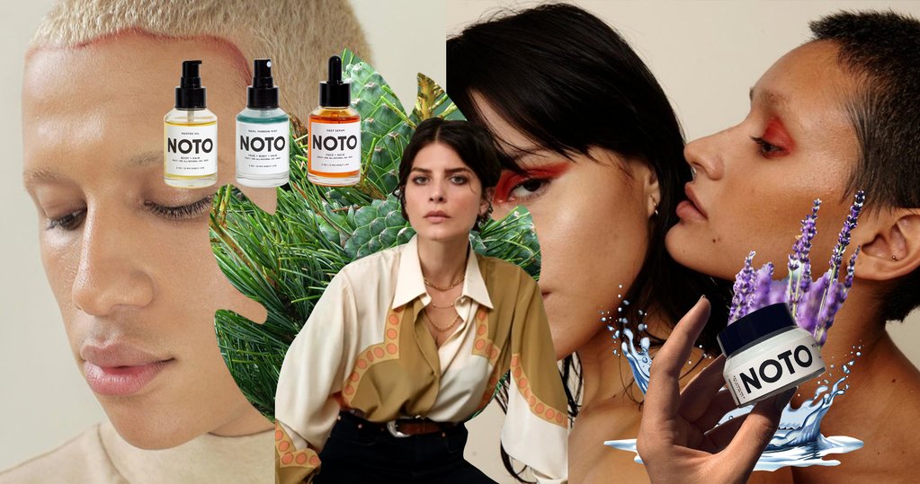 Photo collage of Gloria Noto, founder of NOTO Botanics. To the left of her are three product shots overtop of a male model. To the right of her are two female models with red eye shadow on holding a NOTO product.
