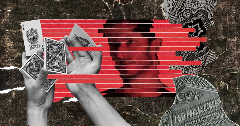 Photo collage of Theory11 founder, Jonathan Bayme. There is a cut out of hands shuffling cards on the left, Jonathan's face, fragmented in red horizontal stripes in the middle and a collage of the ace of space on the right.