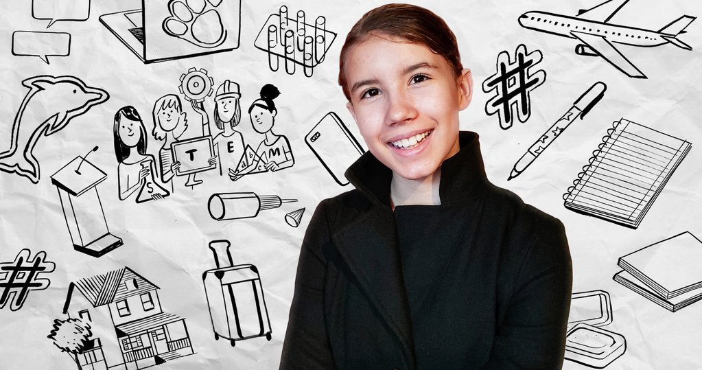 Portrait of young entrepreneur Sophia Fairweather with a series of illustrations drawn around her that reflect her business, goals and achievements.