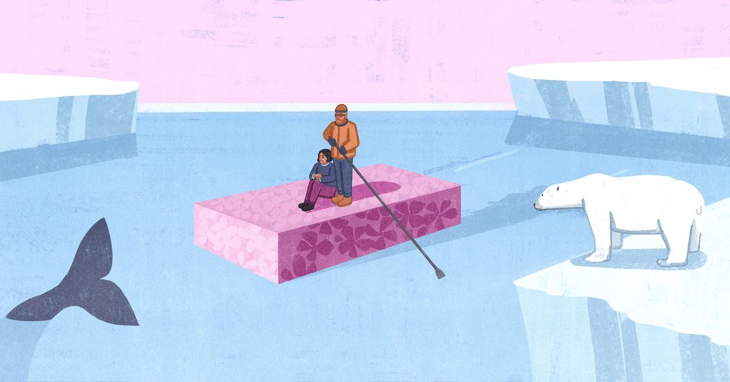 Illustration of Bernice and Justin Clarke sailing on a bar of the soap that they made, that is violet with implied native flora on it. Icebergs surround them and there is a polar bear looking at them in the foreground. 